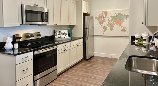 Interior photo of a staged apartment kitchen