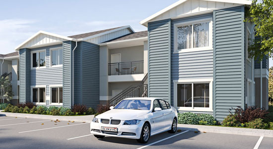 Exterior rendering of multi level apartments