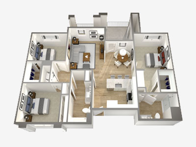 A 3D rendering of an apartment shows the floorplan/layout of the living spaces